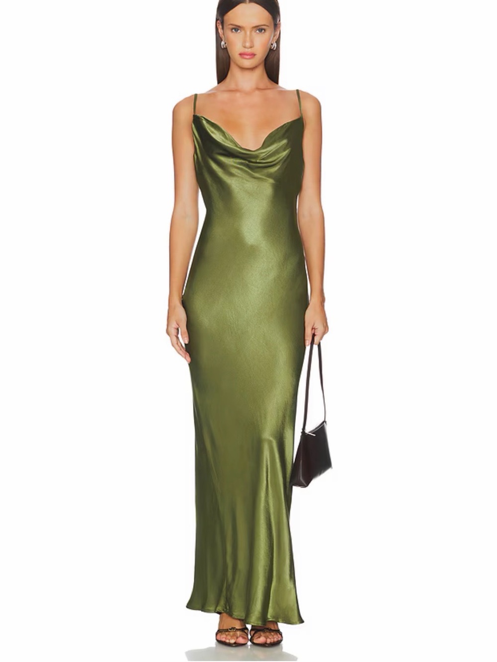 Olive Satin Cowl-Neck Maxi Slip Dress